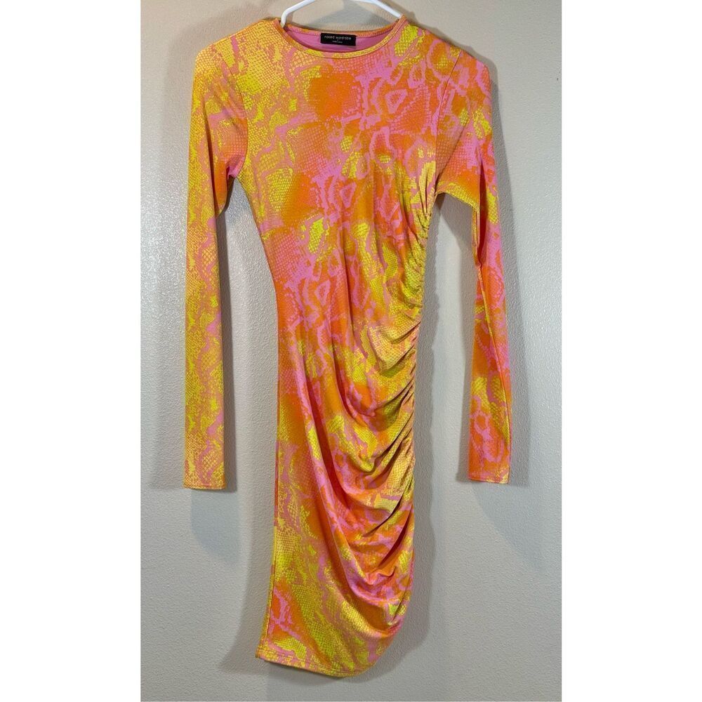 NWOT Naked Wardrobe Cinched Long Sleeve Bright Bodycon Sexy Mini Dress Small - Picture 2 of 11